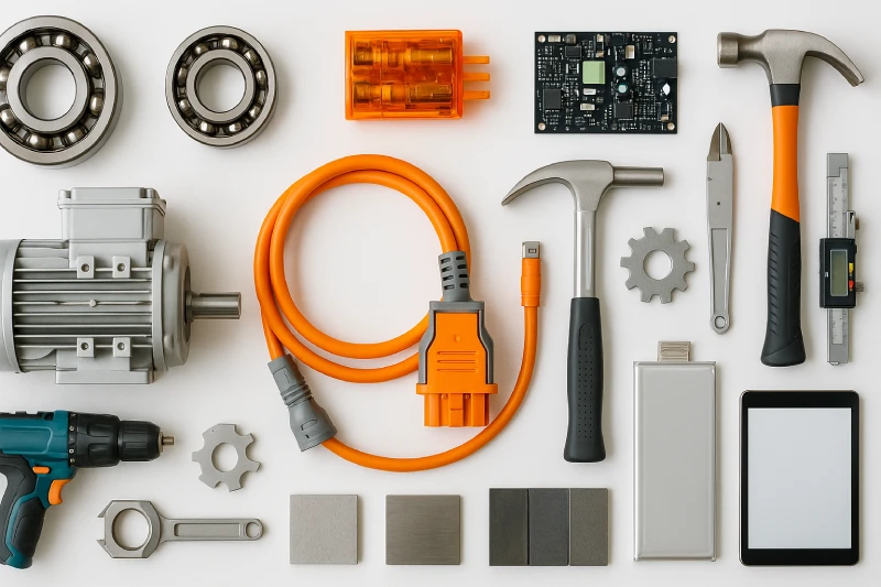 Flat-lay photo of mixed export goods including machinery parts, EV components, tools, electronics, and steel samples neatly arranged on a clean white background.