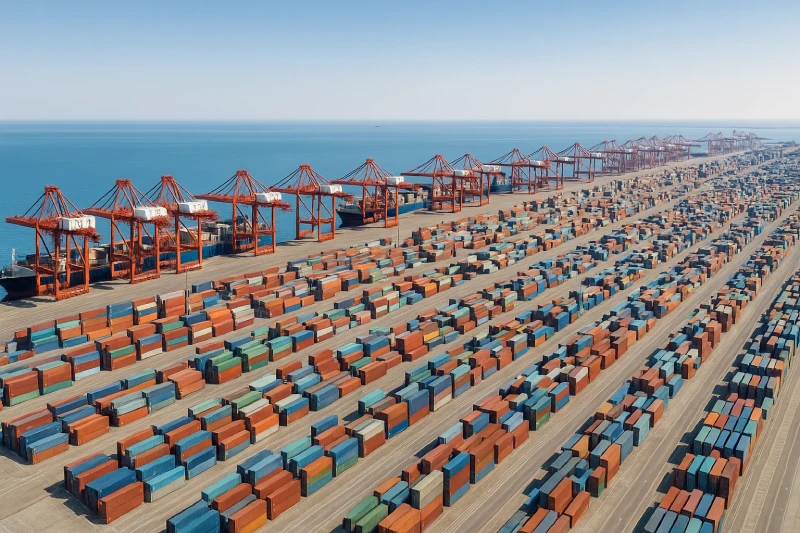 Wide aerial view of Tianjin Port showing container terminals, deep-water berths, quay cranes, and stacked containers under clear daylight.