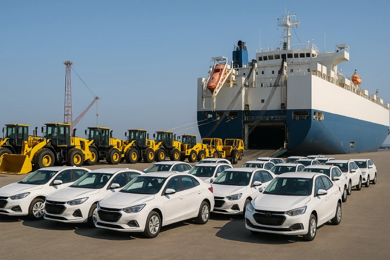 Wide view of a Ro-Ro terminal with cars and construction machinery lined up for loading onto a Ro-Ro vessel under bright daylight.