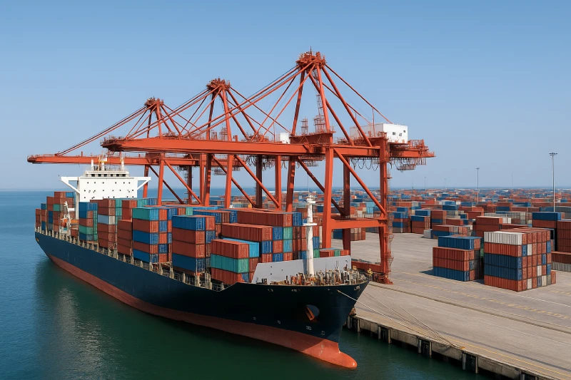 Realistic wide view of Tianjin Xingang container terminal with large quay cranes loading a vessel and neat container stacks under bright daylight.