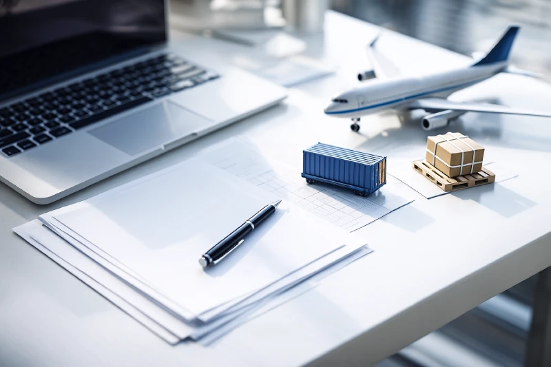Top-down view of a modern office desk with a laptop, blank documents, and small logistics models, creating a clean business setting for cost analysis.