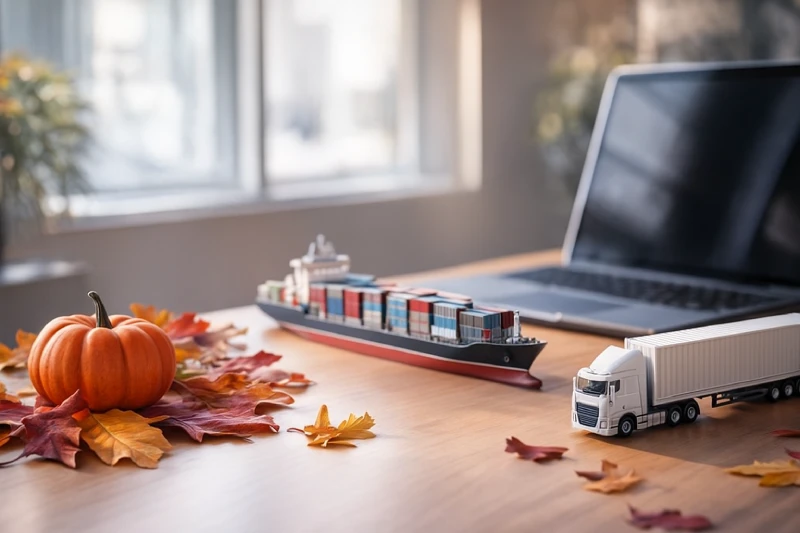 Thanksgiving-themed logistics desk with pumpkin, autumn leaves, and cargo models in warm natural light
