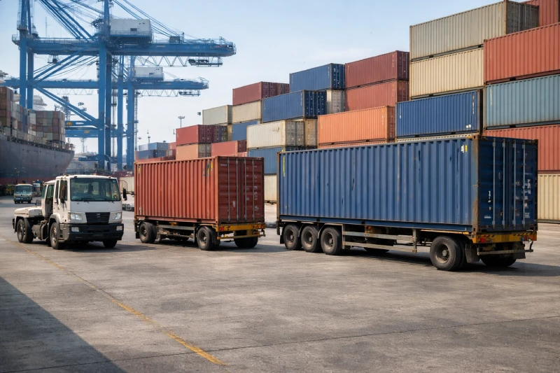 Real size comparison of 20ft and 40ft shipping containers at a port yard