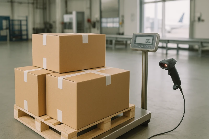Air cargo cartons being weighed and scanned on a digital scale inside a bright airport warehouse.