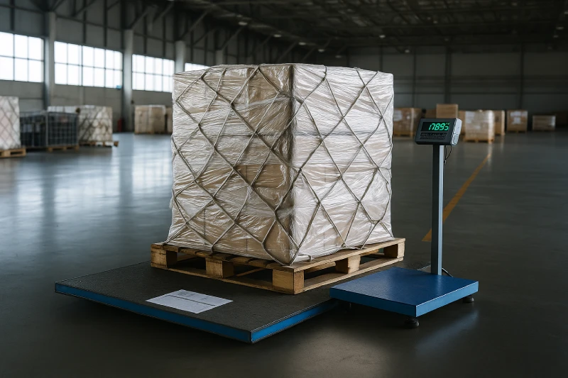 Air cargo pallet being measured and weighed on a scale inside a bright airport warehouse, clean professional air freight environment.