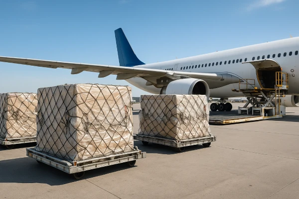 Air cargo pallets wrapped and ready for loading beside a cargo aircraft under bright daylight at an airport.