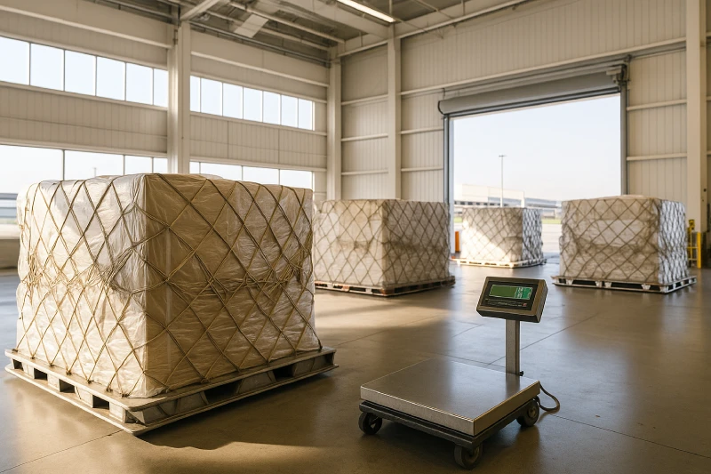 Air cargo pallets being weighed and prepared for loading inside an airport warehouse, showing clean and organized air freight logistics.