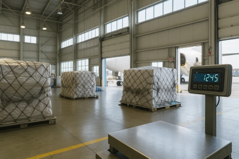 Air cargo pallets being weighed and prepared inside a bright airport warehouse with a digital scale visible.