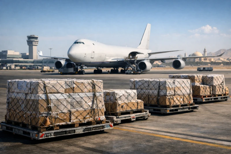 Air freight cargo shipment from China to Saudi Arabia prepared for international air transport