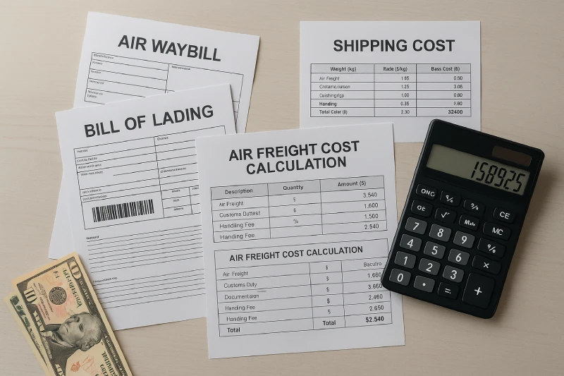 Top-down view of air freight cost calculation documents, shipping forms, and a calculator arranged on a clean office desk under soft daylight.