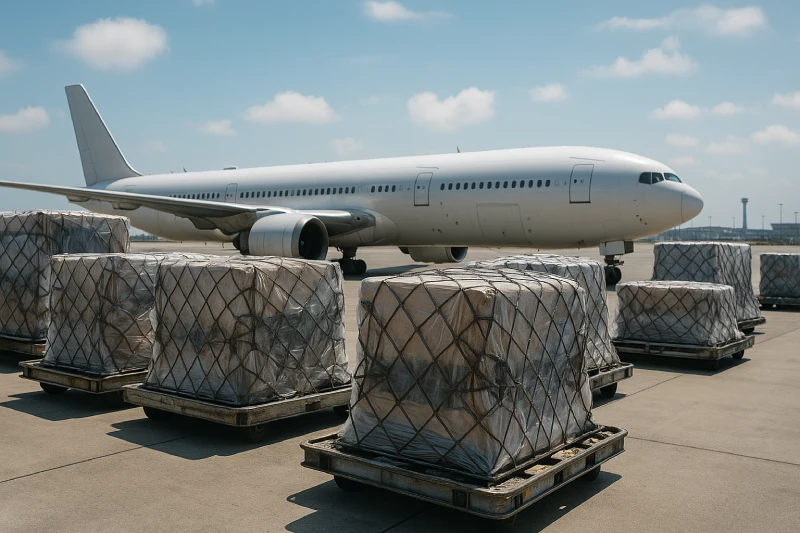 Air cargo pallets secured near a cargo aircraft, illustrating air freight shipping from China to Kenya
