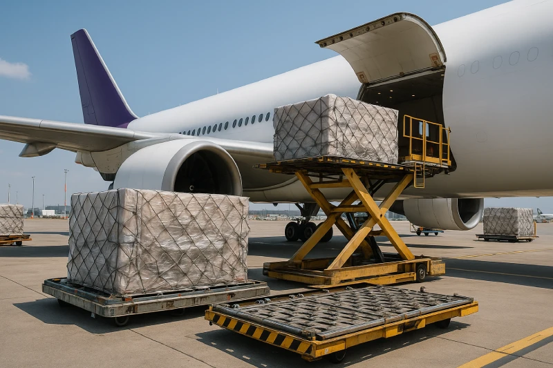 Air cargo pallets being loaded for faster shipping from China to Tanzania.