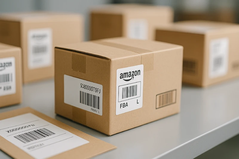 Amazon FBA labels and packaging prepared for shipping from China