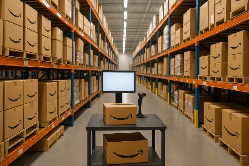 Interior view of an Amazon-style FBA warehouse in the USA