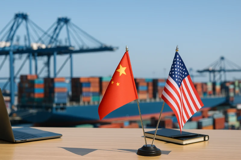 China and USA desk flags on an office desk with a port view representing shipping method comparison