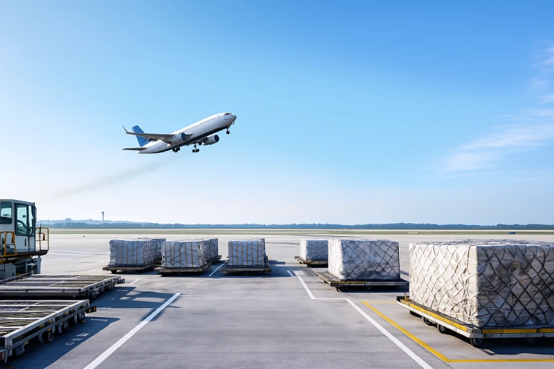 Cargo aircraft taking off with wrapped air cargo pallets and loaders in the foreground under bright daylight at an airport.