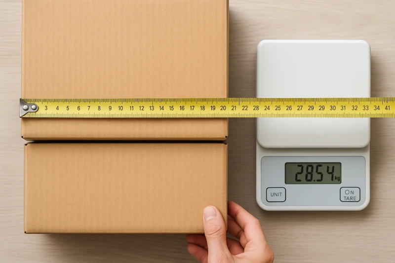 Top-down view of cartons being measured with a tape measure and weighed on a digital scale, clearly showing dimensions in bright natural daylight.