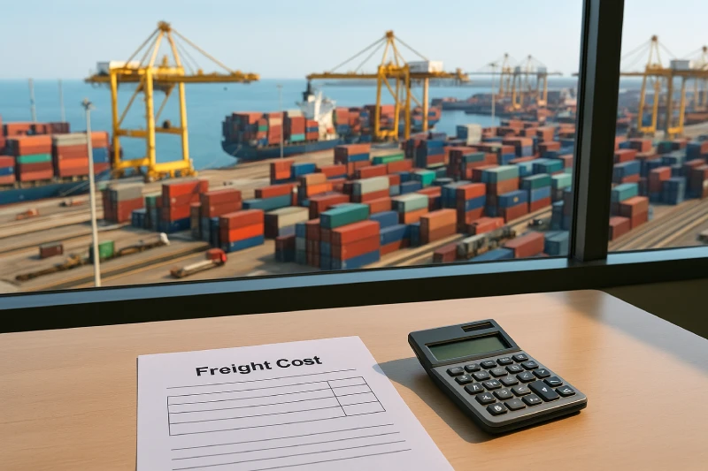 A distant view of a busy China container port seen through an office window with a calculator and freight cost sheet on the desk.