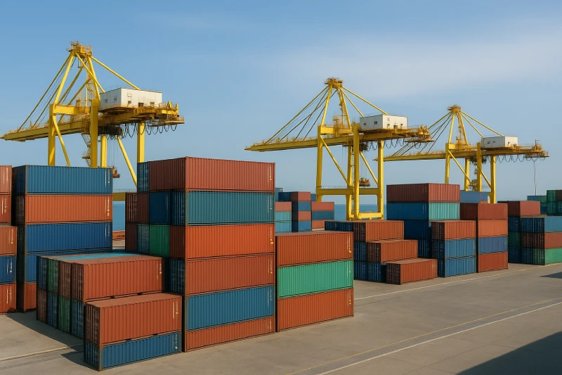 Stacked shipping containers and large quay cranes at a China seaport under bright natural daylight.