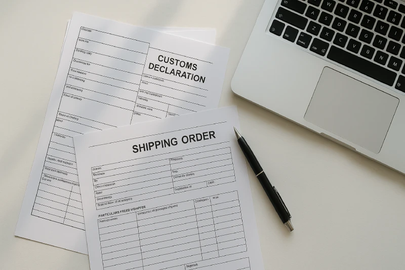 Shipping documents and customs paperwork showing factors that affect transit time from China to Tanzania.