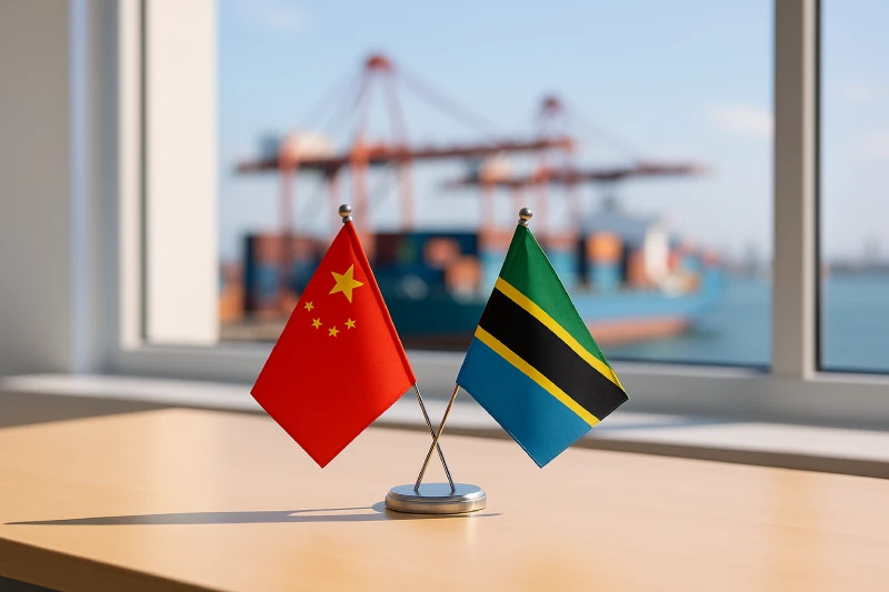 China and Tanzania desk flags on an office desk with a port in the background, representing shipping time.
