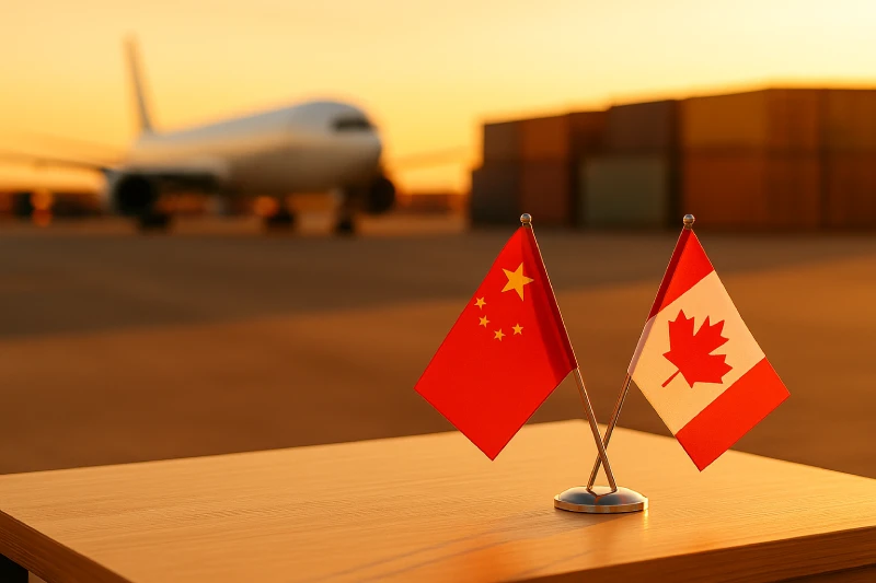 China and Canada desk flags at sunset with cargo aircraft and containers representing shipping time