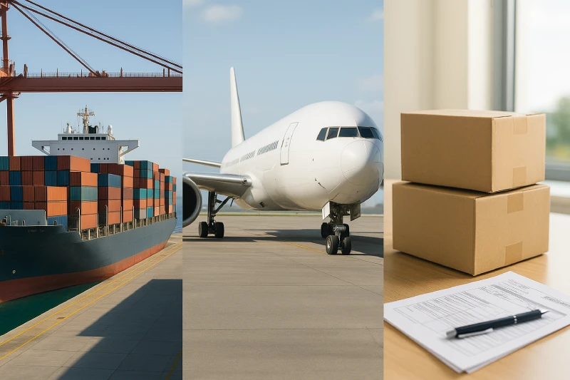 Comparison of sea freight, air freight, and DDP shipping methods from China to Kenya in a logistics concept scene