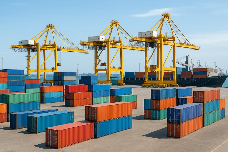 Stacked shipping containers and quay cranes at a modern seaport under bright daylight, representing China to Nigeria sea freight operations.