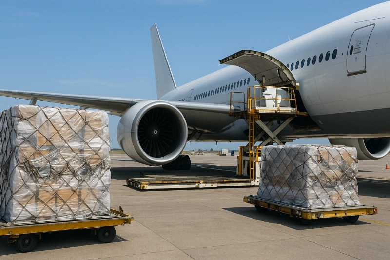 Air cargo pallets being loaded into a cargo aircraft for China–USA air freight shipment