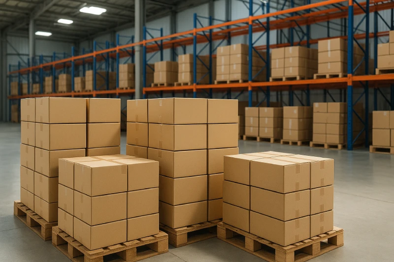 Palletized cartons inside a warehouse representing DDP and Amazon FBA shipping from China to the USA