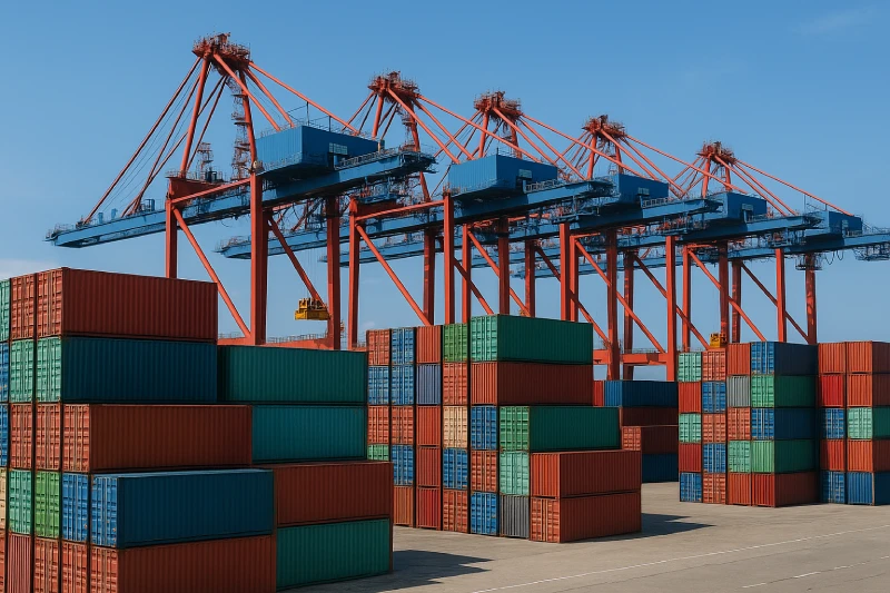 Stacked containers and gantry cranes representing FCL and LCL sea freight from China to the USA