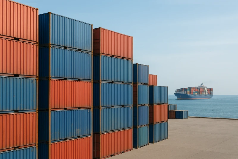 Stacked containers at a China port with a container ship departing toward the USA