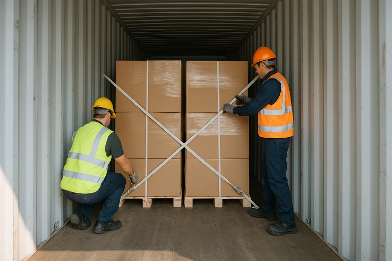 Workers securing palletized cargo with straps inside a shipping container under bright natural daylight.