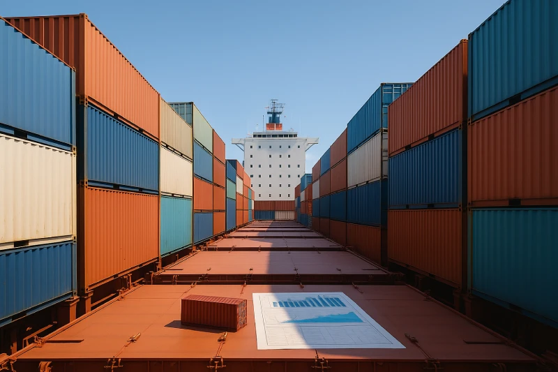 Low-angle view of a container ship deck with neatly stacked containers under daylight, clean professional sea freight scene.