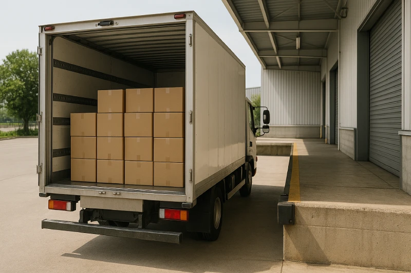 Delivery truck parked at a warehouse loading bay with organized cartons inside, illustrating last-mile delivery in DDP shipping.