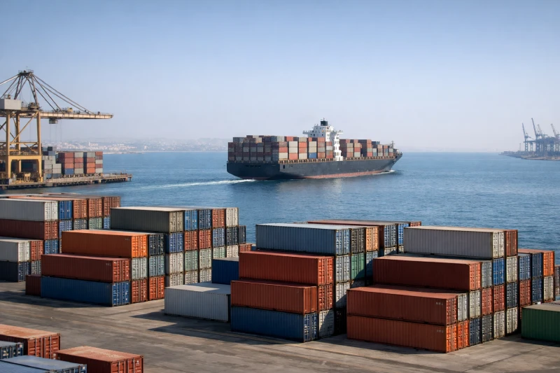 DDP shipping from China to Saudi Arabia showing container cargo moving through an international port