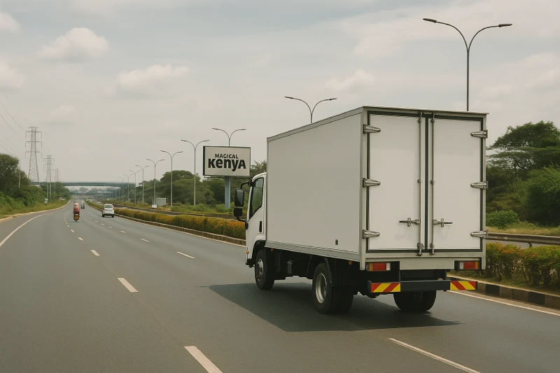 Delivery truck driving on a modern Kenyan road with light traffic during last-mile logistics.