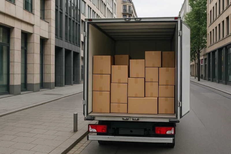 delivery truck parked on a modern German city street with open back showing organized cartons
