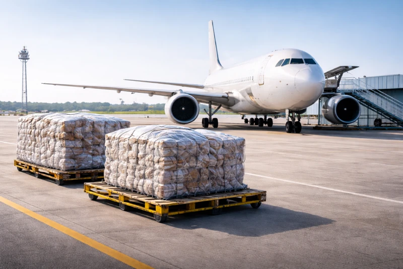 Air freight shipping from China to Nigeria with cargo aircraft and palletized cargo at airport