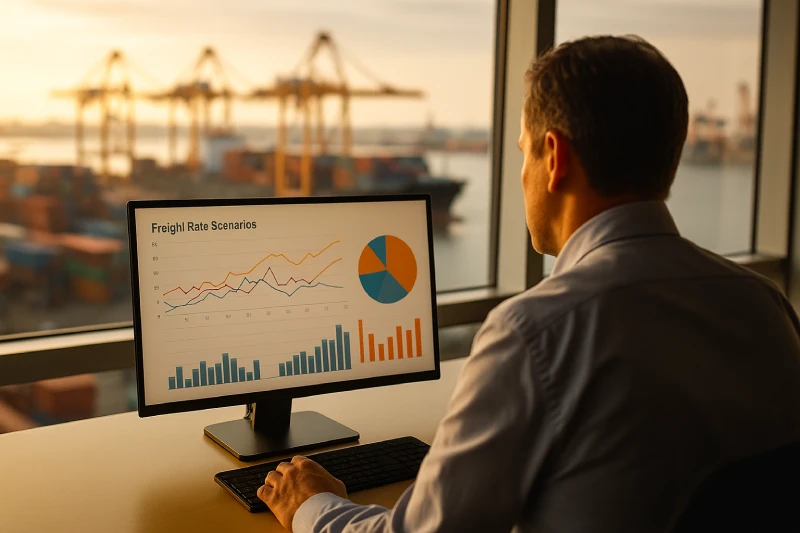 Logistics manager reviewing freight rate scenarios on a computer monitor with a container port visible through the window, illustrating shipping cost analysis.