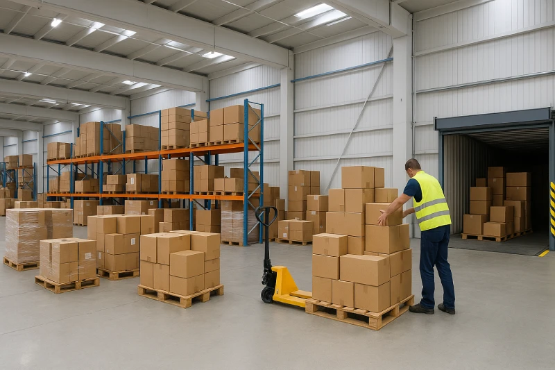 Cartons being palletized inside a CFS warehouse for LCL consolidation from China to the USA