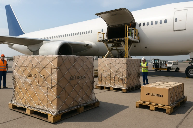 Air cargo pallets of LED lighting cartons wrapped with nets being loaded into a wide-body cargo aircraft, with ground crew and loading equipment visible under bright daylight.