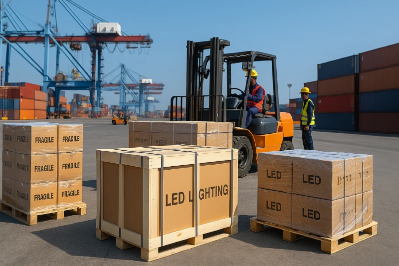 LED lighting cargo on pallets and wooden crates being prepared for international shipment at a modern container port with forklifts and cranes in the background.