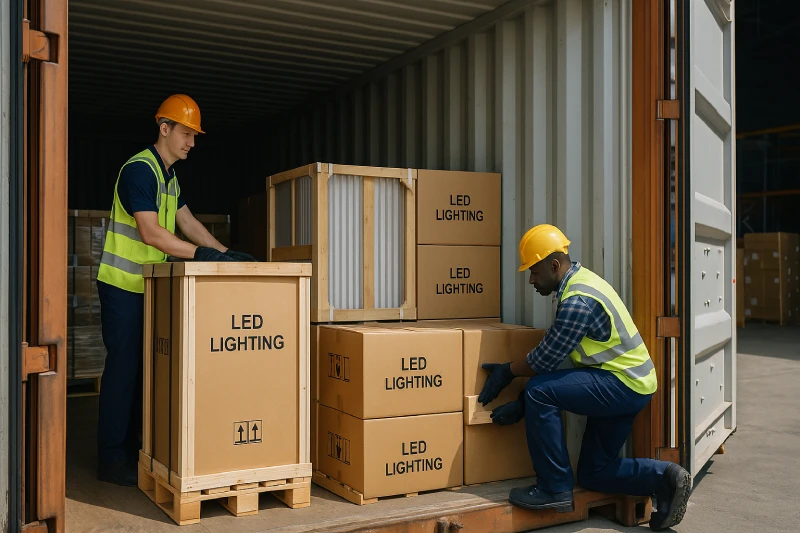 Workers loading palletized LED lighting cargo and reinforced crates into a shipping container, with proper blocking and bracing inside a bright warehouse environment.