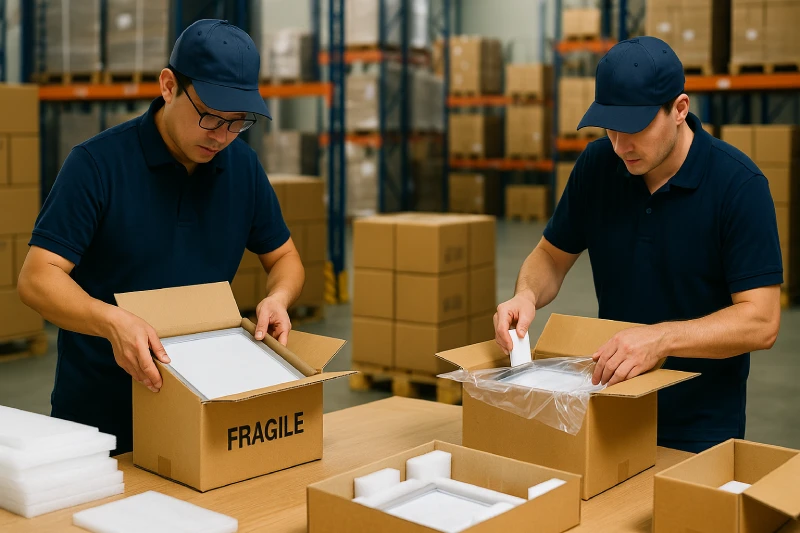 Workers packing LED lighting products into double-wall cartons with foam inserts and moisture-proof bags in a clean warehouse during export preparation.