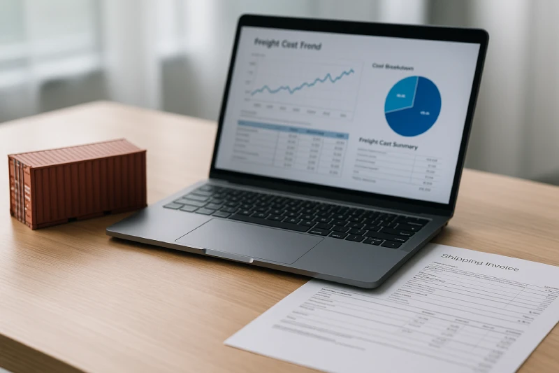 Modern office desk with a container model, laptop showing freight cost charts, and shipping documents in soft daylight, logistics cost analysis scene.
