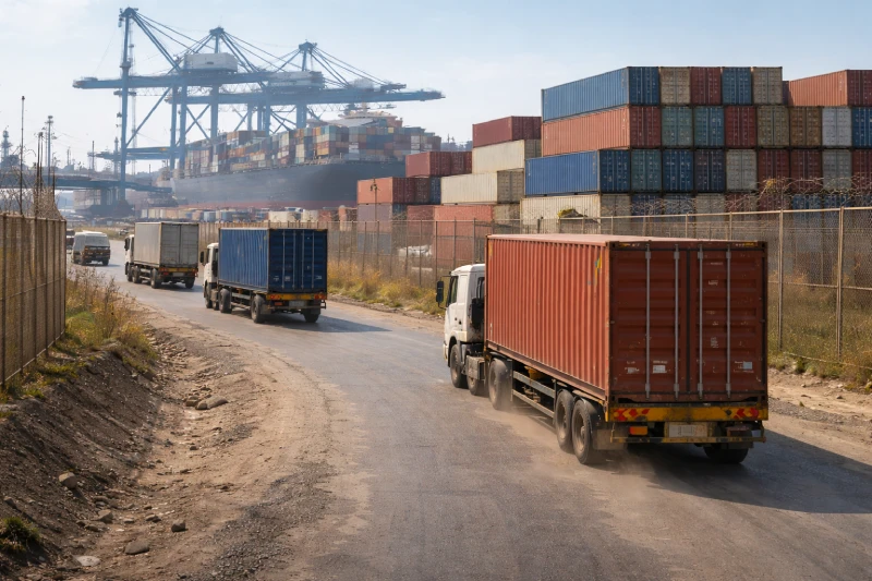 Container trucks leaving Mombasa port for inland delivery in Kenya