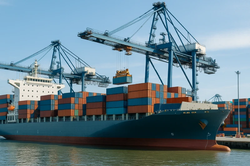 Meli ya mizigo katika bandari ya kisasa ikiwa na makasha yaliyopangwa na mitambo ya kupakia chini ya mwanga wa mchana.