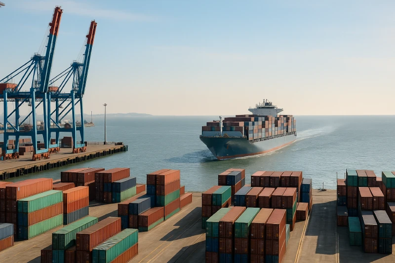 Container vessel departing a China port with stacked containers and cranes for sea freight to the USA