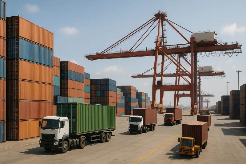 Busy container port with stacked containers and trucks, representing sea freight shipments arriving in Kenya via Mombasa Port